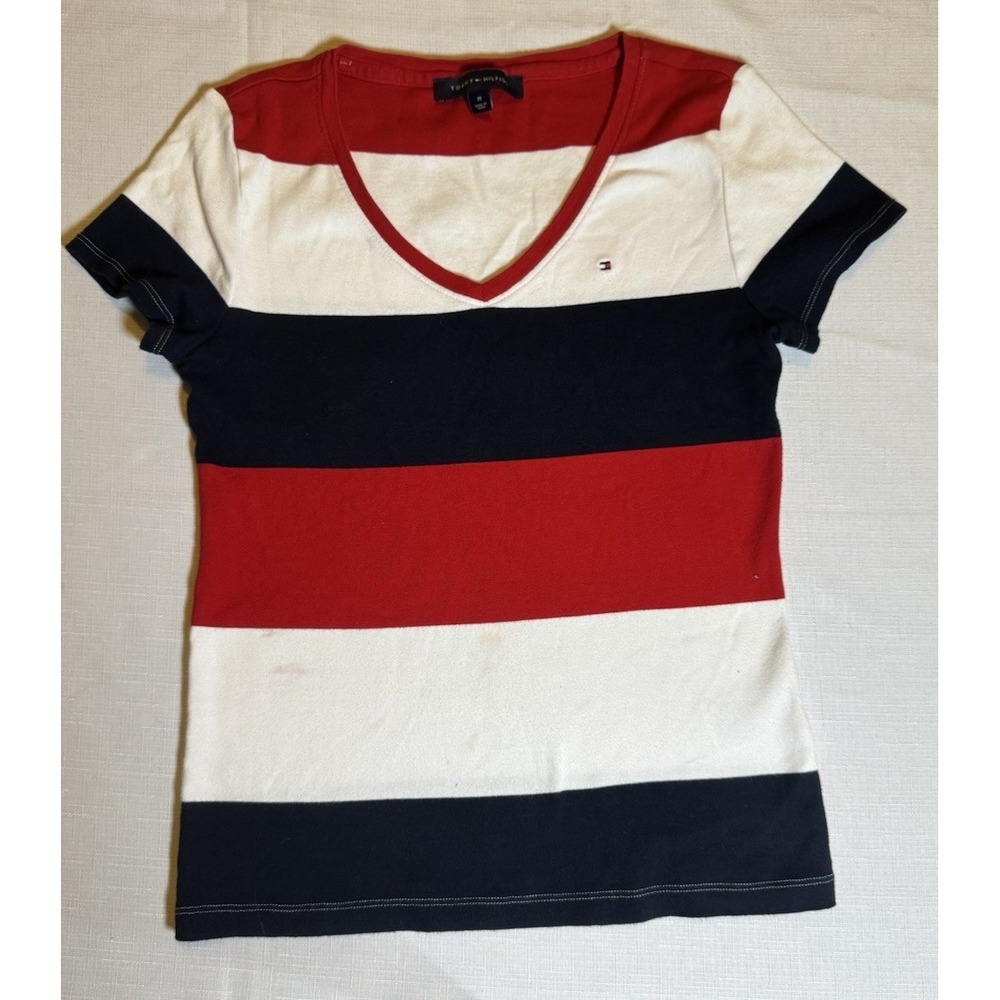 VTG Y2K Tommy Hilfiger Women's Tshirt V Neck‎ Color Blocked Striped Classic Med